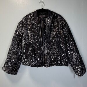 BlankNYC Small Pleasures Sequin Bomber Jacket Black Silver Womens  Small NWT